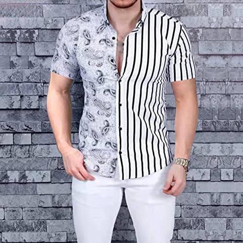 UBST Erkek Yeni yazlık gömlek Çizgili Paisley Patchwork Düğme Aşağı Tops Vintage Moda Slim Fit Casual Plaj Gömlek