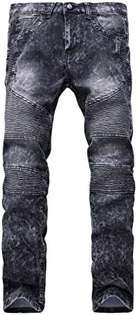 Andongnywell erkek Slim Fit Kot Yama Ripped Sıkıntılı Kot Yıkanmış Biker Moto Denim Pantolon Zip Cep Deco