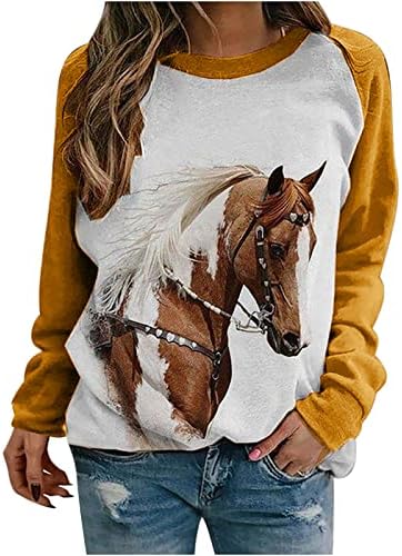 Kadın At Baskı Üstleri Uzun Kollu Etnik Gömlek Moda güz giyimi Gevşek Raglan Crewneck Kazak Sevimli Kazak