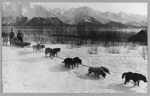 HistoricalFindings Fotoğraf: Köpek Takımı, Dış Yapraklar, Kar Ayakkabılı Erkekler, Dağlar, Göl, Alaska,AK, 1900-1930,