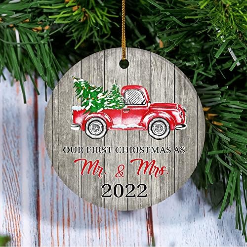 TeesNow 2023 Mr & Mrs olarak İlk Noelimiz Ayı Ağacı Süsleme Düğün Yeni Evli Çift 2023 Dekorasyon Yılbaşı Ağacı Süsleme