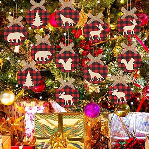 12 Parça Ahşap Noel Süs Noel Ağacı Asılı Etiketi noel Ahşap Dilim Ekose Hayvan Süsler Noel Yuvarlak Asılı Süsler Noel