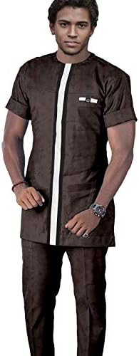 Bazin Riche Afrika 2 Parça Set Erkekler için Baskı Gömlek ve Ankara Pantolon Takım Elbise Kırpma Üst Artı Boyutu Rahat