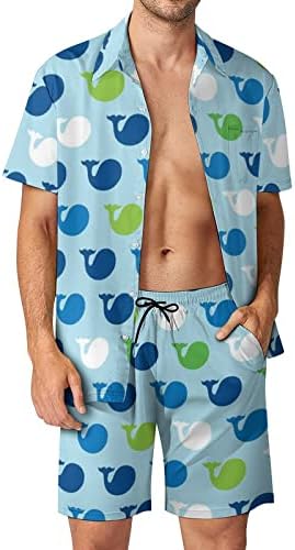 Balinalar Desen Erkekler 2 Parça Hawaii Seti Düğmeli Kısa Kollu Gömlek plaj pantolonları Gevşek Fit Tees Eşofman