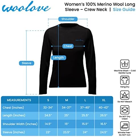 Woolove %100 % Merinos Yünü Taban Katmanı-kadın Uzun Kollu Ekip Boyun Gömlek-Orta Ağırlık, Kokuya Dayanıklı, Soğuk