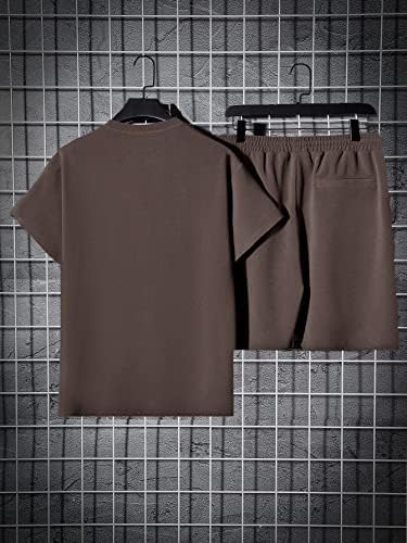 OSHHO İki Parçalı Kıyafetler Erkekler için Erkekler Mektup Yamalı Detay Tee ve İpli Bel Parça Şort (Renk: Kahve Kahverengi,