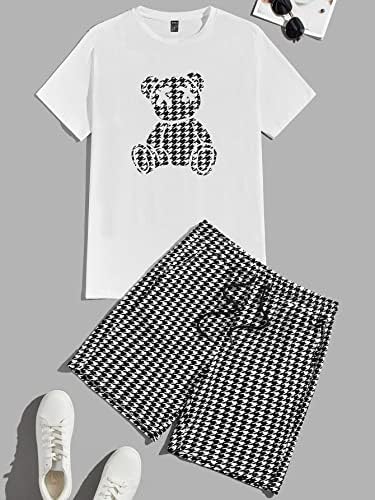 OSHHO İki Parçalı Kıyafetler Erkekler için Erkekler Ayı Baskı Tee ve Balıksırtı Baskı Şort (Renk: Siyah ve Beyaz,