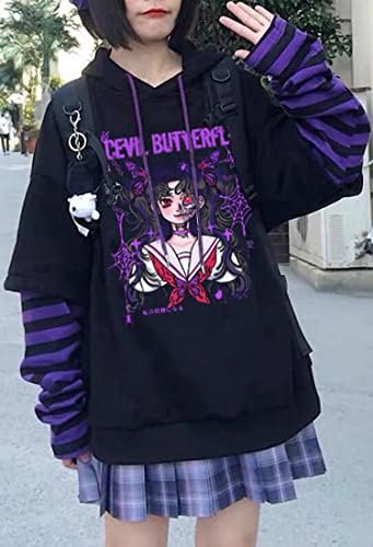 WİNKEEY Kadınlar Kawaii Gotik Hoodie japon animesi Baskı Y2K Kapüşonlu Sweatshirt Sevimli Harajuku Desen Uzun Kollu