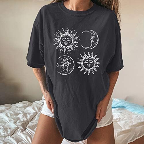 Büyük boy Grafik Gömlek Kadınlar için Güneş ve Ay Yuvarlak Boyun Kısa Kollu Üst Gevşek Fit Yaz Bluz Genç Kız Tee