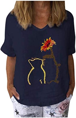 Bmısegm kadın Kısa kollu Gömlek Yaz Bluzlar Kedi bol tişört Pamuklu gömlek
