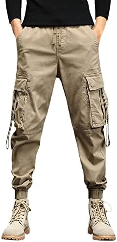 Erkek Gevşek Pamuk Artı Boyutu Cep Katı Elastik Bel Pantolon Genel Pantolon Demir Co Pantolon Düz Bacak