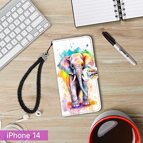 Mavzihok Cüzdan Kılıf iPhone 14 Suluboya Fil Sanat-11 Tasarım Flip Folio Kılıf Kickstand KİMLİK ve Kredi Kartı Tutucu