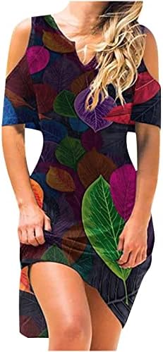 Kadın Soğuk Omuz Tunik Elbise 2023 Yaz Çiçek Plaj Casual Boho Sundress Bir Çizgi Gevşek Kısa Kollu askı elbise
