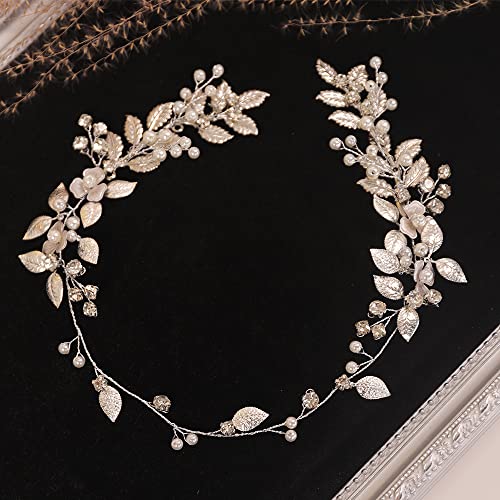 Teyglen Kadınlar Yaprak Kristal Gelin Düğün Kafa Bandı El Yapımı Altın Gümüş Yaprak Çiçek Gelin Taklidi İnci Boncuk