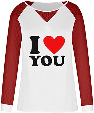 Sevgililer Uzun Kollu Gömlek Kadın Dantel Tığ Hollow Tops Sevimli Aşk Kalp Grafik Tees Patchwork Renk Blok Bluzlar