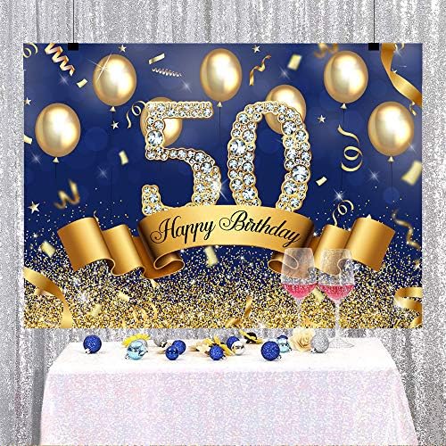 Mutlu 50th Doğum Günü Backdrop Mavi ve Altın Glitter Balon Diamonds Fotoğraf Arka Plan Parlak Yetişkin Erkekler Elli