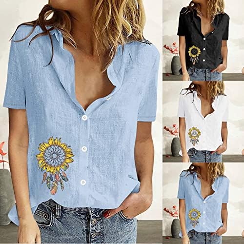 Düğme Aşağı Gömlek Kadınlar için Pamuk Keten Üstleri Çiçek Kısa Kollu Bluz Rahat T Shirt Yaz Casual Tees