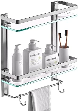 GeekDigg banyo cam raf havlu çubuğu ile, 2 katmanlı duvara monte temperli cam duş depolama organizatör ile 8MM ekstra