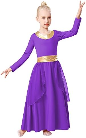 HIHCBF Kızlar Uzun Kollu Övgü Dans Elbise Liturjik Metalik Kemer Geniş Salıncak Şifon Etek Ibadet Lirik Kostüm