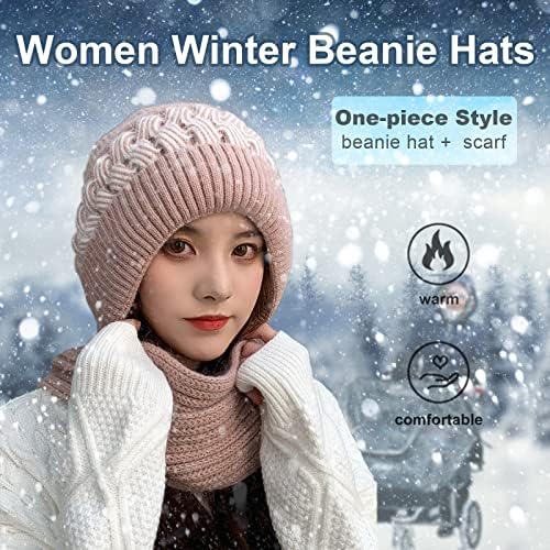 Bayan Kış Şapka Eşarp Hepsi Bir Bere Şapka Ponpon ile, Polar Astar Sıcak Örgü Kafatası Kap Bere Kadınlar için